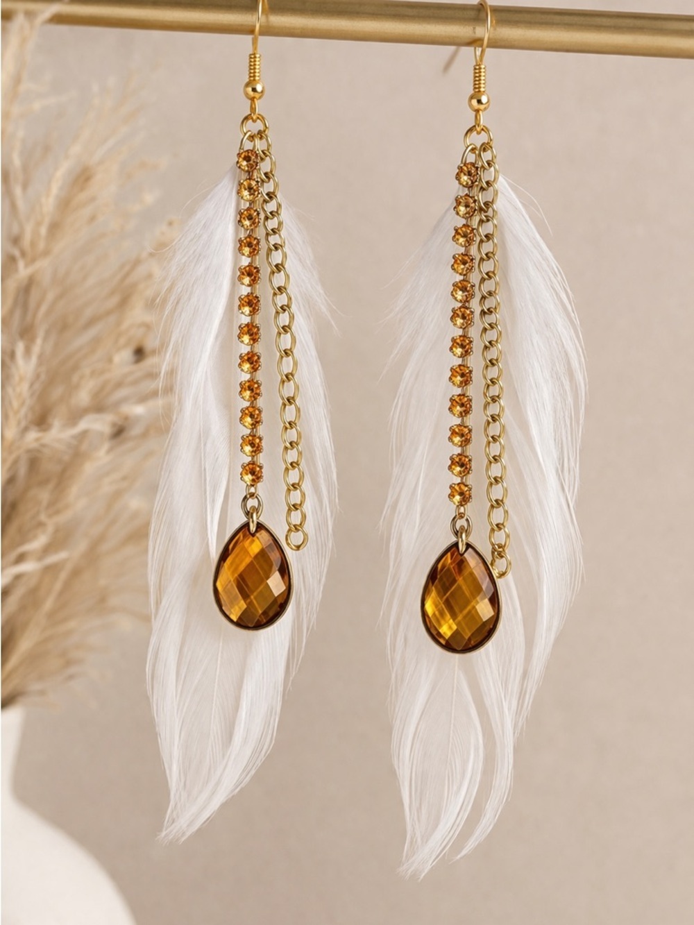 Gold Rhinestone Feather Dangle Earrings!